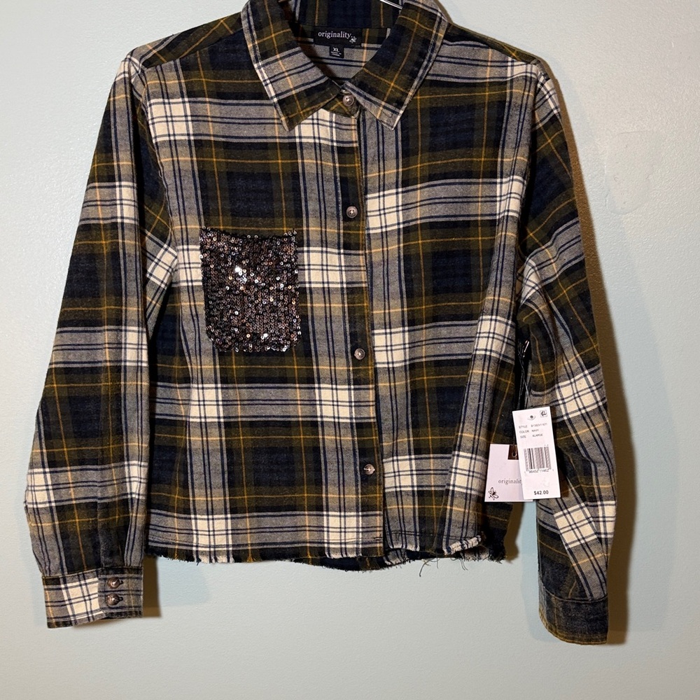 Originality Plaid Shirt with Sequin Pocket and Sequin Back